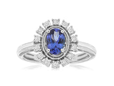 .91CT DIAMOND & AAA TANZANITE 14KT WHITE GOLD OVAL & ROUND FILIGREE FLOWER RING