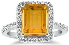 4.54CT DIAMOND & AAA CITRINE 14KT WHITE GOLD EMERALD CUT & ROUND ENGAGEMENT RING