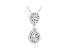 .40CT DIAMOND 14KT WHITE GOLD ROUND & BAGUETTE CLUSTER DOUBLE TEAR DROP PENDANT