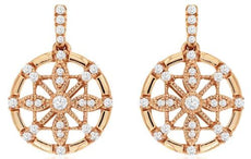 ESTATE .33CT DIAMOND 14KT ROSE GOLD 3D CIRCULAR FILIGREE FLOWER HANGING EARRINGS