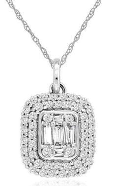 .30CT DIAMOND 14K WHITE GOLD ROUND & BAGUETTE CLUSTER SQUARE DOUBLE HALO PENDANT