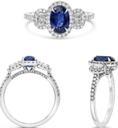 2.25CT DIAMOND & AAA SAPPHIRE PLATINUM OVAL & ROUND 3 STONE HALO ENGAGEMENT RING