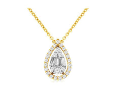 .41CT DIAMOND 14KT YELLOW GOLD ROUND & BAGUETTE CLUSTER TEAR DROP LOVE NECKLACE