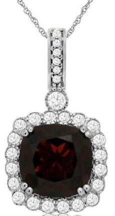 3.87CT DIAMOND & AAA GARNET 14KT WHITE GOLD CUSHION & ROUND SQUARE HALO PENDANT
