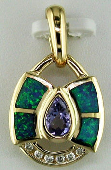 .47CT DIAMOND & AAA TANZANITE & OPAL 14KT YELLOW GOLD LOCK FUN FLOATING PENDANT