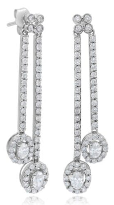 1.55CT DIAMOND 14K WHITE GOLD 3D OVAL & ROUND DOUBLE FLOWER FUN HANGING EARRINGS