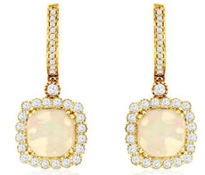 3.48CT DIAMOND & AAA OPAL 14K YELLOW GOLD CUSHION & ROUND FLORAL SQUARE EARRINGS