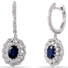 2.77CT DIAMOND & AAA SAPPHIRE 14K WHITE GOLD OVAL & ROUND FLOWER HUGGIE EARRINGS