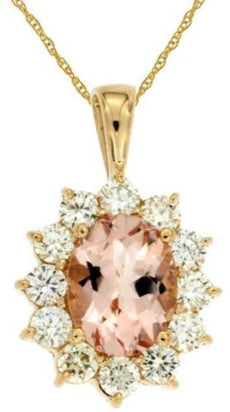 2.60CT DIAMOND & AAA MORGANITE 14KT YELLOW GOLD 3D OVAL & ROUND FLOATING PENDANT
