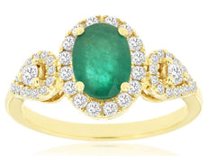 ESTATE 1.70CT DIAMOND & AAA EMERALD 14K YELLOW GOLD OVAL 3 STONE ENGAGEMENT RING