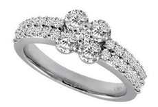 1.19CT DIAMOND 14KT WHITE GOLD 3D CLASSIC TWO ROW FLOWER 4 LEAF CLOVER FUN RING