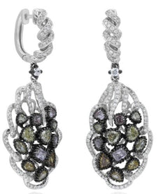 LARGE 3.61CT MULTI COLOR DIAMOND 18KT WHITE GOLD FLORAL HUGGIE HANGING EARRINGS
