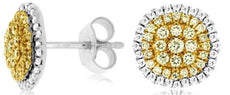 .60CT WHITE & FANCY YELLOW DIAMOND 14KT 2 TONE GOLD CLUSTER FLOWER STUD EARRINGS