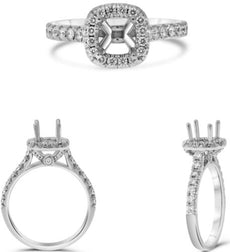 .49CT DIAMOND 14KT WHITE GOLD 3D ROUND & CUSHION SEMI ETERNITY SEMI MOUNT RING