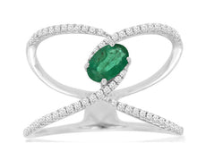 .68CT DIAMOND & AAA EMERALD 14K WHITE GOLD 3D OVAL & ROUND CRISS CROSS LOVE RING