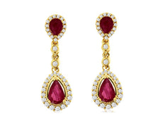 1.57CT DIAMOND & AAA RUBY 14KT YELLOW GOLD PEAR SHAPE FILIGREE HANGING EARRINGS