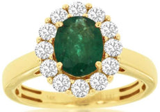 1.85CT DIAMOND & AAA EMERALD 14KT YELLOW GOLD 3D OVAL & ROUND FLOWER LOVE RING