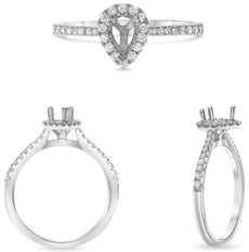 .25CT DIAMOND 14K WHITE GOLD 3D ROUND HALO PEAR SHAPE SEMI MOUNT ENGAGEMENT RING