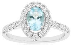 1.15CT DIAMOND & AAA AQUAMARINE 14KT WHITE GOLD 3D OVAL & ROUND HALO FLORAL RING