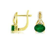 1.50CT DIAMOND & AAA EMERALD 14KT YELLOW GOLD 3D OVAL & ROUND HANGING EARRINGS