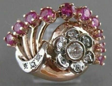 ANTIQUE 1.69CT OLD MINE DIAMOND RUBY 14K W ROSE GOLD FLOWER COCKTAIL RING #21009