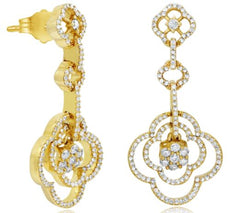 ESTATE 1.02CT DIAMOND 14KT YELLOW GOLD 3D MULTI FLOWER FUN HANGING EARRINGS