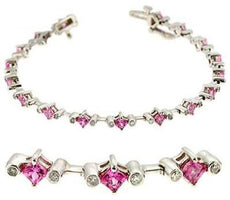 3.82CT DIAMOND & AAA PINK SAPPHIRE 14KT WHITE GOLD THREE STONE TENNIS BRACELET