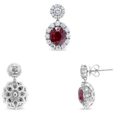 LARGE 7.02CT DIAMOND & AAA RUBY 18KT WHITE GOLD 3D OVAL & ROUND HANGING EARRINGS