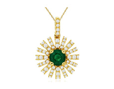 .78CT DIAMOND & AAA EMERALD 14KT YELLOW GOLD FLOWER STARBURST FLOATING PENDANT