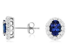 2.25CT DIAMOND & AAA TANZANITE 14KT WHITE GOLD OVAL & ROUND FLOWER STUD EARRINGS