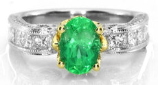 2.07CT DIAMOND & AAA EMERALD 18KT 2 TONE GOLD ROUND & PRINCESS ENGAGEMENT RING