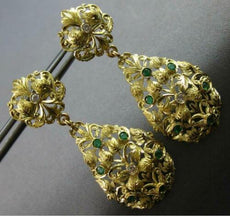 ANTIQUE LARGE .52CT DIAMOND & AAA EMERALD 18KT YELLOW GOLD FLORAL EARRINGS 27497