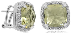 9.29CT DIAMOND & AAA LEMON QUARTZ 14K WHITE GOLD CUSHION & ROUND SQUARE EARRINGS