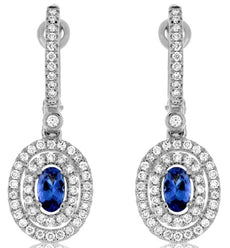1.05CT DIAMOND & AAA TANZANITE 14KT WHITE GOLD 3D OVAL & ROUND HANGING EARRINGS