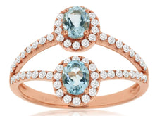 WIDE 1CT DIAMOND & AAA AQUAMARINE 14KT ROSE GOLD OVAL & ROUND DOUBLE FLOWER RING
