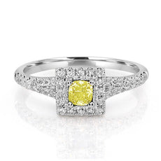 .66CT WHITE & FANCY YELLOW DIAMOND 18KT WHITE GOLD HALO SQUARE ENGAGEMENT RING