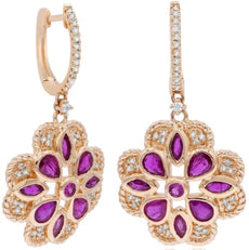 2.25CT DIAMOND & AAA RUBY 14KT ROSE GOLD PEAR SHAPE & ROUND FUN HANGING EARRINGS