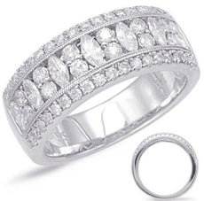 WIDE 1CT DIAMOND 14KT WHITE GOLD 3D ROUND & MARQUISE MULTI ROW ANNIVERSARY RING