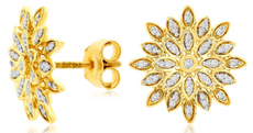 .20CT DIAMOND 14KT YELLOW GOLD MULTI LEAF FLOWER SUNBURST CLASSIC STUD EARRINGS