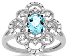 .90CT DIAMOND & AAA AQUAMARINE 14KT WHITE GOLD 3D OVAL & ROUND FILIGREE FUN RING