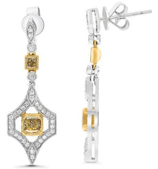 1.22CT WHITE & FANCY YELLOW DIAMOND 18KT 2 TONE GOLD 3D CUSHION & ROUND EARRINGS