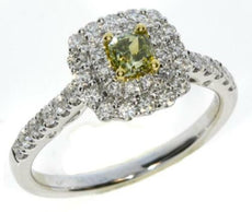 .90CT WHITE & FANCY YELLOW DIAMOND 18KT 2 TONE GOLD DOUBLE HALO ENGAGEMENT RING