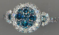 1.49CT WHITE & BLUE DIAMOND 14KT WHITE GOLD CLUSTER FLOWER DOUBLE HALO FUN RING