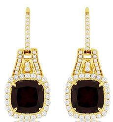 LARGE 6.20CT DIAMOND & AAA GARNET 14KT YELLOW GOLD CUSHION HALO HANGING EARRINGS