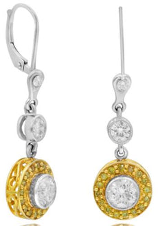 1.69CT WHITE & FANCY YELLOW DIAMOND 18KT 2 TONE GOLD 3D FLOWER FILIGREE EARRINGS