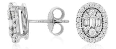 ESTATE .36CT DIAMOND 14KT WHITE GOLD ROUND & BAGUETTE CLUSTER OVAL STUD EARRINGS