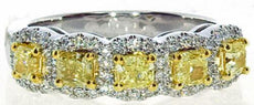 1.71CT WHITE & FANCY YELLOW DIAMOND 18KT 2 TONE GOLD 3D CUSHION ANNIVERSARY RING