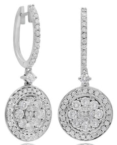 1.85CT DIAMOND 18K WHITE GOLD 3D CLUSTER FLOWER BEZEL HUGGIE HANGING EARRINGS