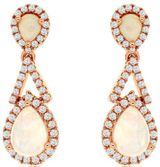 1.39CT DIAMOND & AAA OPAL 14KT ROSE GOLD PEAR SHAPE TEAR DROP HANGING EARRINGS