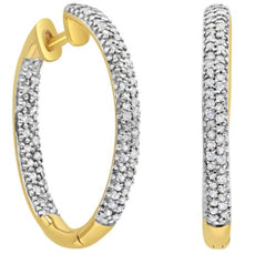 .47CT DIAMOND 14KT YELLOW GOLD 3D 2 ROW PAVE INSIDE OUT HOOP HANGING EARRINGS